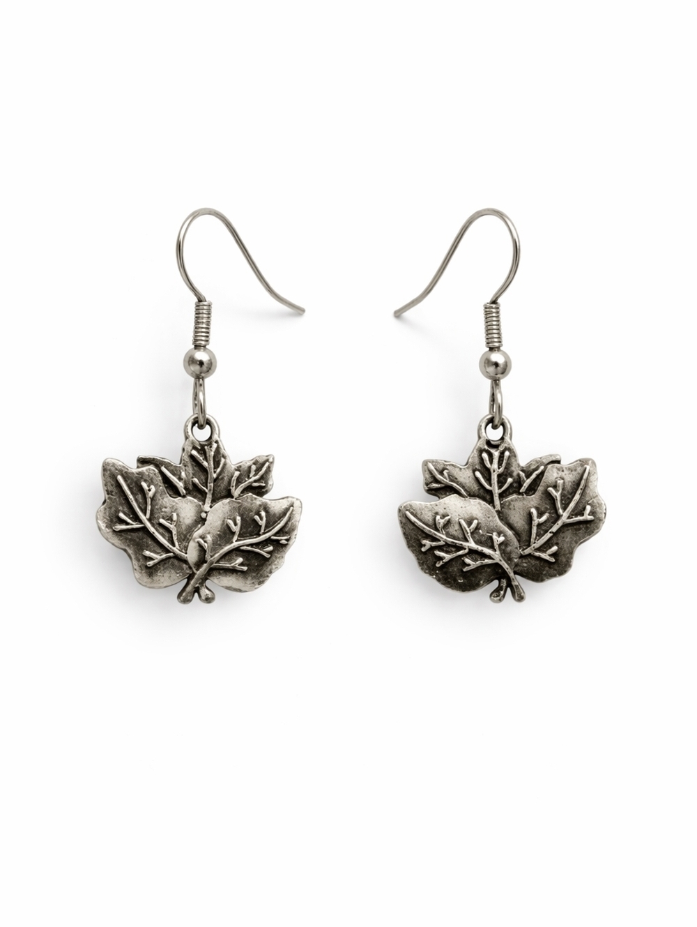 Silver Tone Leaf Dangle Earrings Fall Autumn Nature Boho Hook